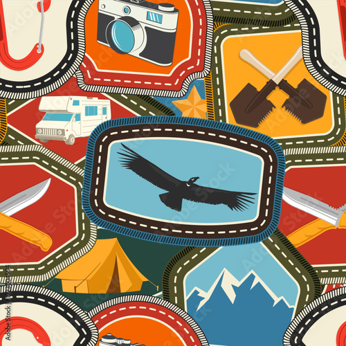 Set of Scout seamless pattern or background. Texture, wallpapers with climbing carabiner, photo camera, tent, rv, knives. Vector. Merit patch, sticker for camping outdoor and academic activities