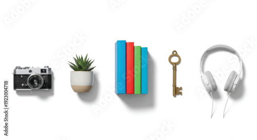 Assorted office supplies in minimalist arrangement with soft pastel shadows on white background for workspace organization