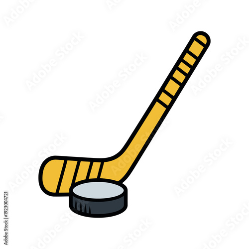 Hockey stick and black rubber puck rest together on the white surface for game play.