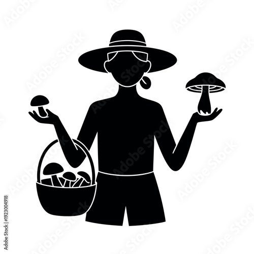Woman silhouette holding a harvest basket and displaying collected edible mushrooms.