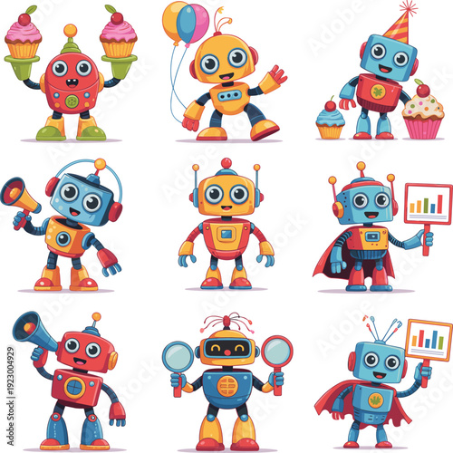 Cartoon robots grid illustration, colorful characters, party theme, balloons, cupcakes, megaphone, cape,  