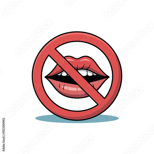 Prohibition sign crosses out bright red lips indicating silence or no speaking.