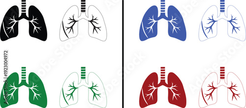 human lungs icon isolated on white background, vector illustration of anatomical respiratory system in solid and outline styles with multiple colors for medical, health, and biology concepts.