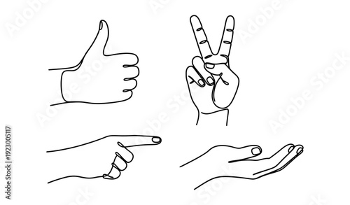 Hand Gesture Continuous Line Art Set – Thumbs Up, Peace Sign, Pointing and Open Palm Monoline Vector
