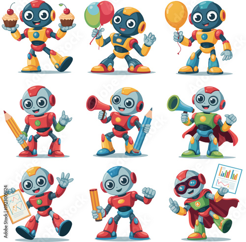 Cartoon robots illustration, colorful characters in grid, education, creativity, celebration, technology, fun, learning, vector art, playful design