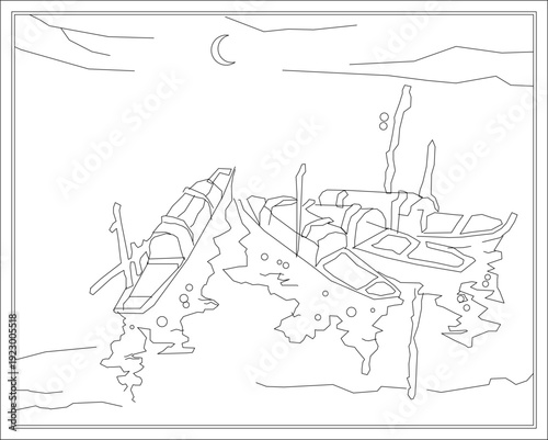 Minimalist line art scene with two boats on calm water, crescent moon, mountains in background, reflections, black and white outline style, serene nocturnal landscape.