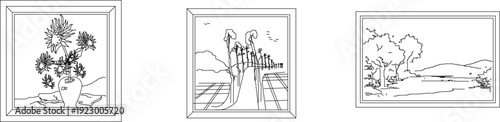Set of three minimalist framed line art illustrations: floral bouquet in vase, couple walking on path, and countryside landscape with trees.