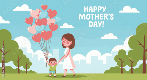 Mother and child walking in park with heart balloons on mother's day