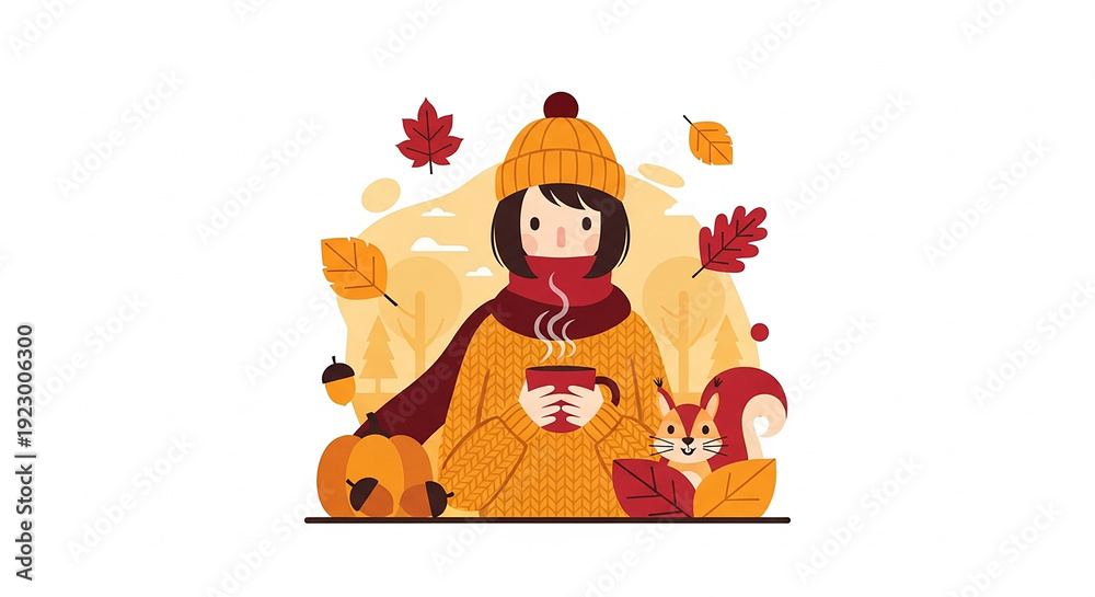 Fototapeta premium A young girl in an orange dress holding a cup on a fall day