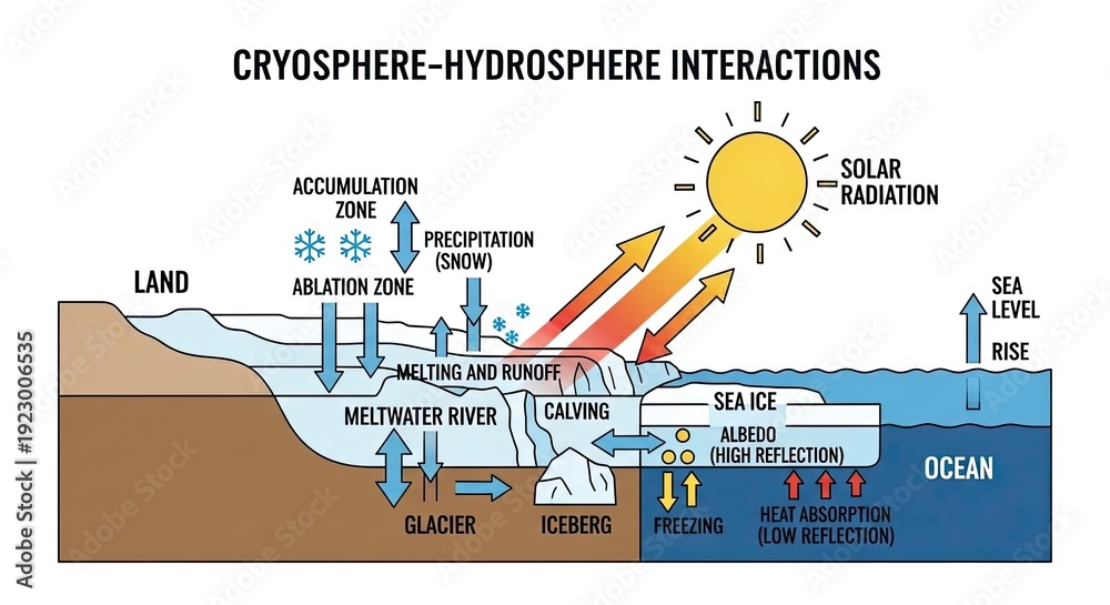 Obraz premium Interactions between Cryosphere and Hydrosphere illustrated through Atmospheric Processes and Solar Radiation