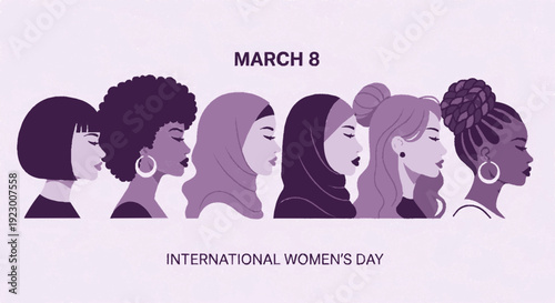 Diverse women celebrate international women's day on march 8 with purple hues and silhouettes