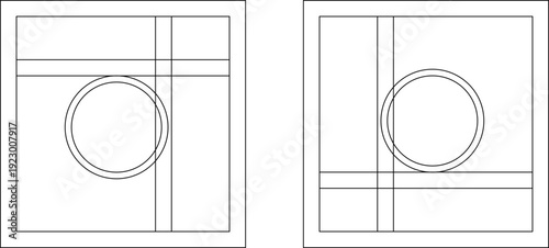 Technical architectural CAD blocks of minimalist geometric patterns, featuring a composition of circles intersected by asymmetrical vertical and horizontal lines. This modern linear art is suitable fo