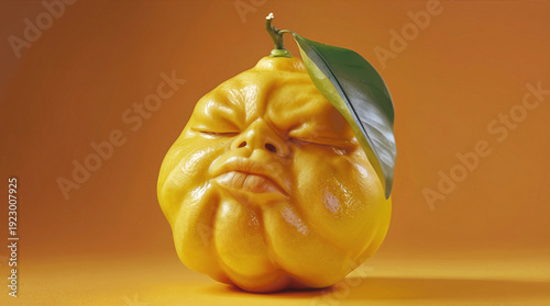 Sour-faced citrus fruit with anthropomorphic human features. Surreal yellow lemon with puckered lips and closed eyes against orange background.