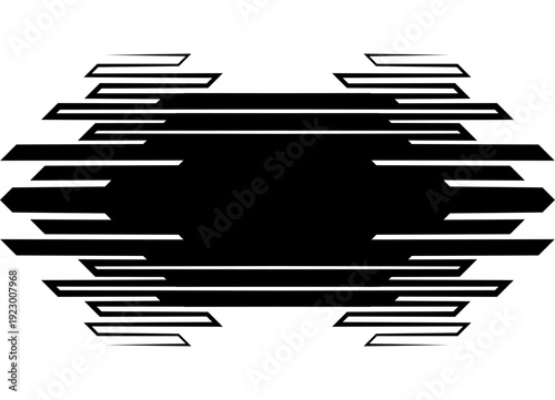 Black symmetrical vector pattern on a white background. Modern design element from broken lines. Vector background for covers, advertising, printing, packaging, labels, posters. Shield, label. Gamer s