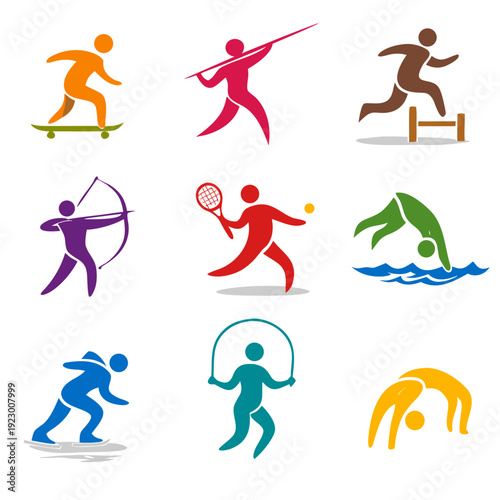Colorful sport pictogram set showing skateboard, javelin, hurdles, archery, tennis, swimming, skating, jump rope and gymnastics, isolated on white. Fitness workout flat vector icons.