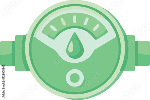 A green water meter gauge with a central droplet symbol is illustrated in a simple flat design style against