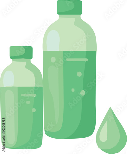 Two green plastic bottles filled with liquid stand beside a large water droplet in a simple flat illustration style