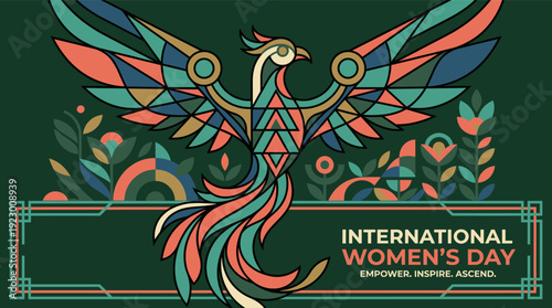 Vibrant Geometric Phoenix Illustration for International Women's Day Celebration Featuring Empowerment and Equality