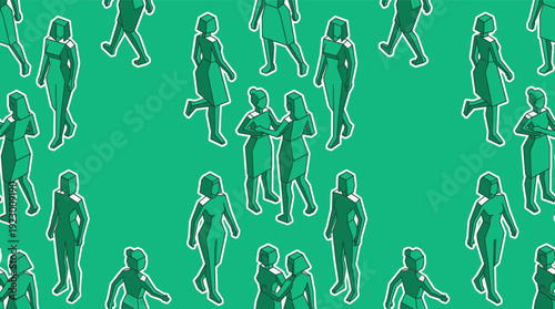 Repeating pattern of people silhouettes in various poses and actions, viewed from the front in a graphic illustration