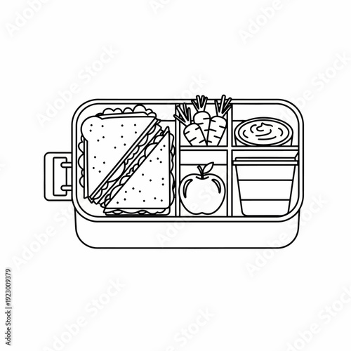 A neatly organized lunchbox containing a variety of healthy foods. The lunchbox includes a sandwich, carrots, an apple, and a small container of sauce