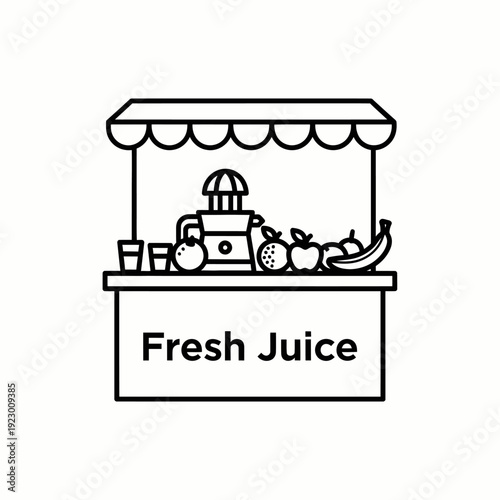 A fresh juice stand with fruits and a juicer. The stand has a sign that reads Fresh Juice
