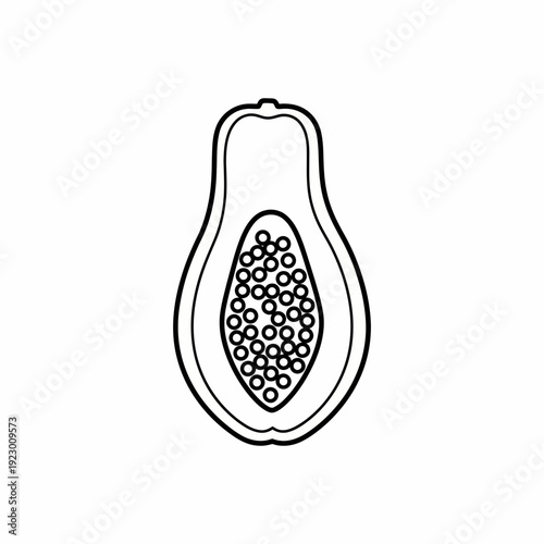 A stylized black and white illustration of a sliced papaya, showcasing the seeds and the shape of the fruit