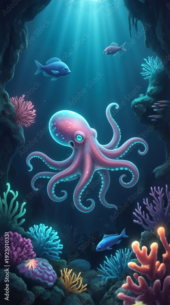 Obraz premium Octopus swimming among vibrant coral reefs in deep blue ocean. Marine life in underwater cave with tropical fish and aquatic plants.