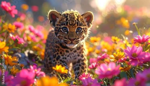 Leopardenbaby im Blumenfeld