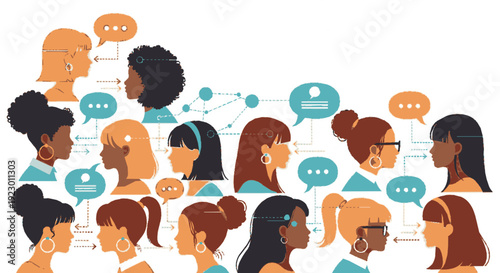 Diverse group of people communicating with speech bubbles and connections