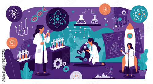 Female scientists in lab coats working in a laboratory with test tubes and microscope