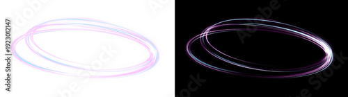 Abstract glowing neon light ring, futuristic elliptical frame with pink and blue light trails, glowing magic circle isolated element.