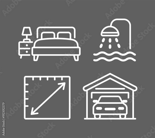 Real estate icon set with Bedroom, Bathroom, Total Area and Garage symbols. Clean line vector style, perfect for floor plans, property listings, UI design and architectural presentations.