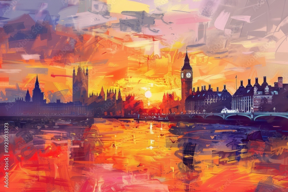 Fototapeta premium Vivid artistic illustration of London, England with Big Ben Tower at sunset