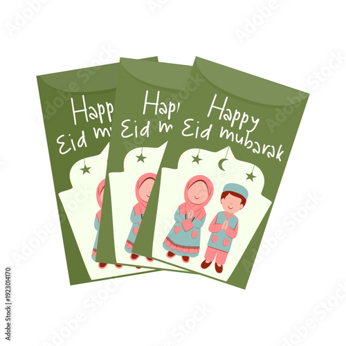 Eid Mubarak Green Money Envelope Design with Cute Kids Illustration