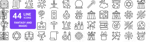 Set of 44 thin line fantasy and magic icons. Chest, scroll, forest, spellbook, potion, wand, crystal ball. Vector illustration with editable stroke