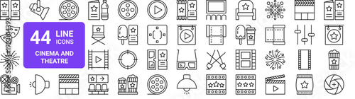 Set of 44 thin line cinema and entertainment icons. Ticket, theatre, fireworks, movie, film, popcorn. Vector illustration pack for web design