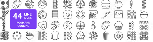 Set of 44 thin line food and cooking icons including waffle, skewer, canape, breakfast items, snacks. Vector illustration pack