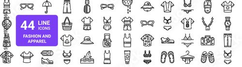 Set of 44 thin line fashion and apparel icons. Clothes, accessories, beachwear, footwear in outline stroke style. Vector illustration pack