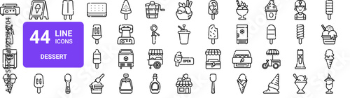 Set of 44 thin line ice cream and dessert icons. Crepe maker, whipped cream, frozen yogurt, milkshake, sorbet, waffle iron. Vector illustration pack