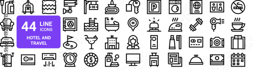 Set of 44 thin line hotel and travel icons. Fire extinguisher, armchair, double bed, amenities pack. Vector illustration with editable stroke