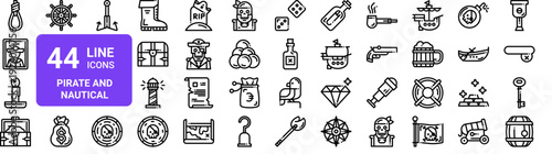 Set of 44 thin line pirate and nautical icons. Rope, treasure, ship, compass, anchor, cannon pack. Outline vector illustration for web