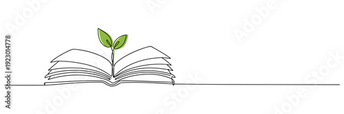 Open book with a green sprout growing from its pages on a white background reading knowledge