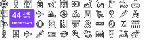 Set of 44 thin line airport travel web icons. Terminal, flight, baggage, security, check-in. Vector illustration pack