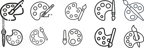 Painting tools icon set, flat brush, artist palette with brush, paint roller tool, fine art paintbrush, isolated vector silhouette. Paint palette and brush icon set in various styles, symbolizing .