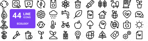 Set of 44 thin line ecology and sustainability icons including energy, water, car, nature and environmental topics in vector outline style