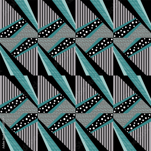 Complex textured background of triangles and parallel lines. Abstract geometry shares. Calm dark colors. Clear strict design. Geometric complex seamless pattern