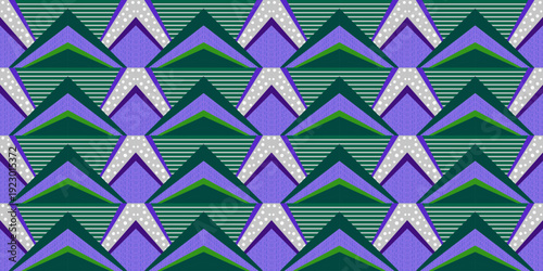Geometry seamless pattern. Rows of triangles and parallel lines. Green purple triangles and lines. Complex texture background in patchwork style. Complicated colorful design