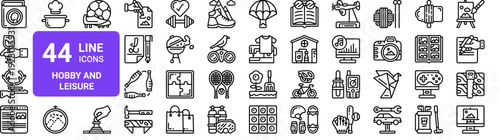 Set of 44 thin line hobby and leisure icons. Outline vector pack includes sports, crafts, gaming, gardening, fitness, DIY, collection activities and more