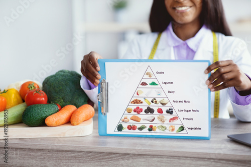 A person holds a food pyramid chart that shows different food groups. There are fresh vegetables and fruits on a table. The setting appears to be a kitchen area during the day.
