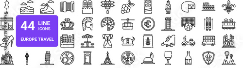 Set of 44 thin line European travel and culture icons in outline vector format. Landmarks, food, fashion, symbols, and transport illustrations for web design projects